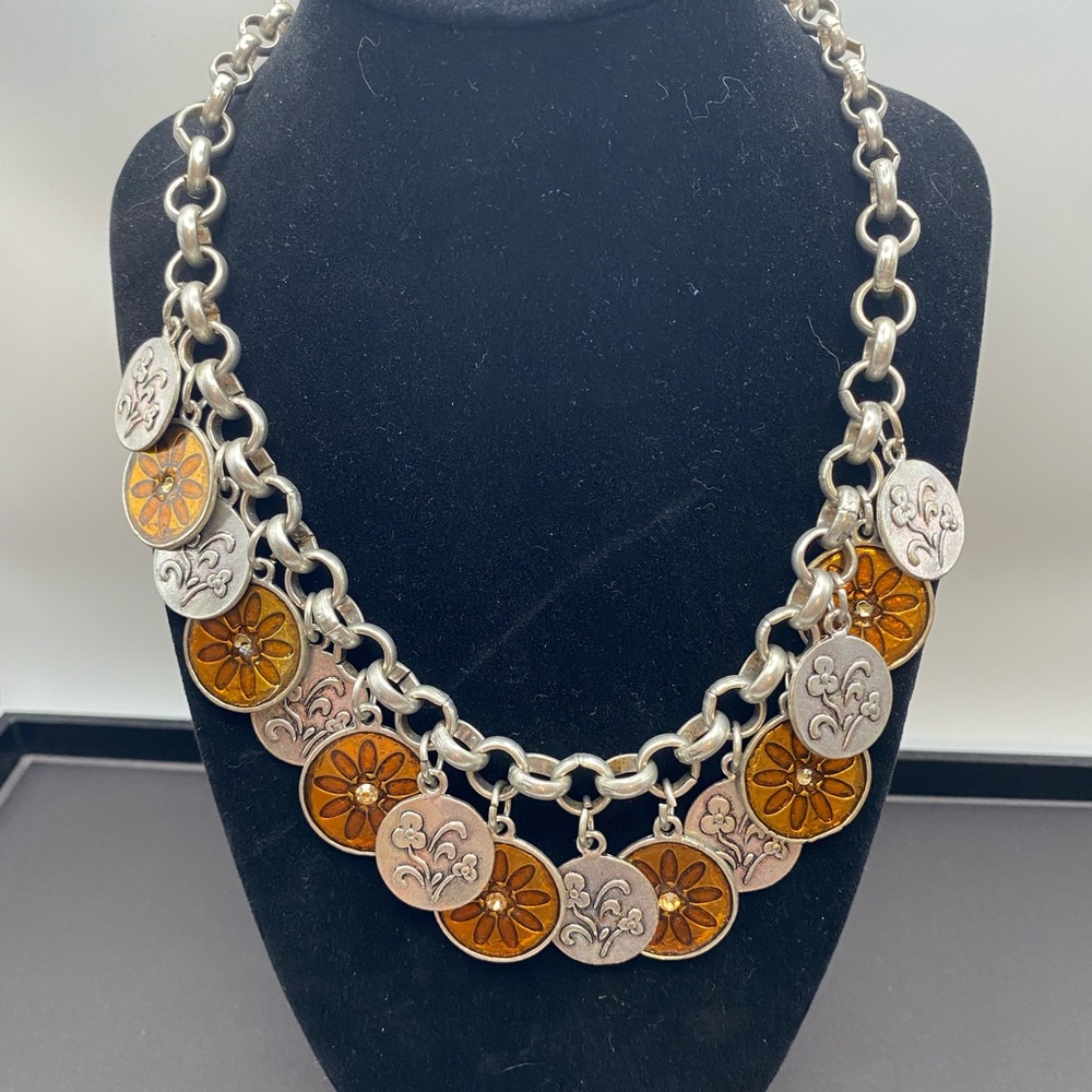 Silver-Tone Coin Charm Necklace with Amber Accents